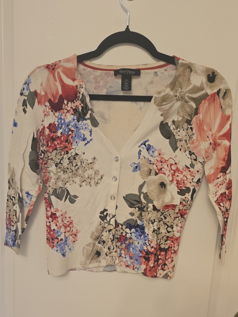 White House Black Market Floral Cream Cardigan with Coral and Blue Accents